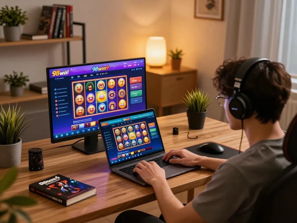 Playing online slots on 98win9 with strategy notes nearby, creating a responsible gambling atmosphere.