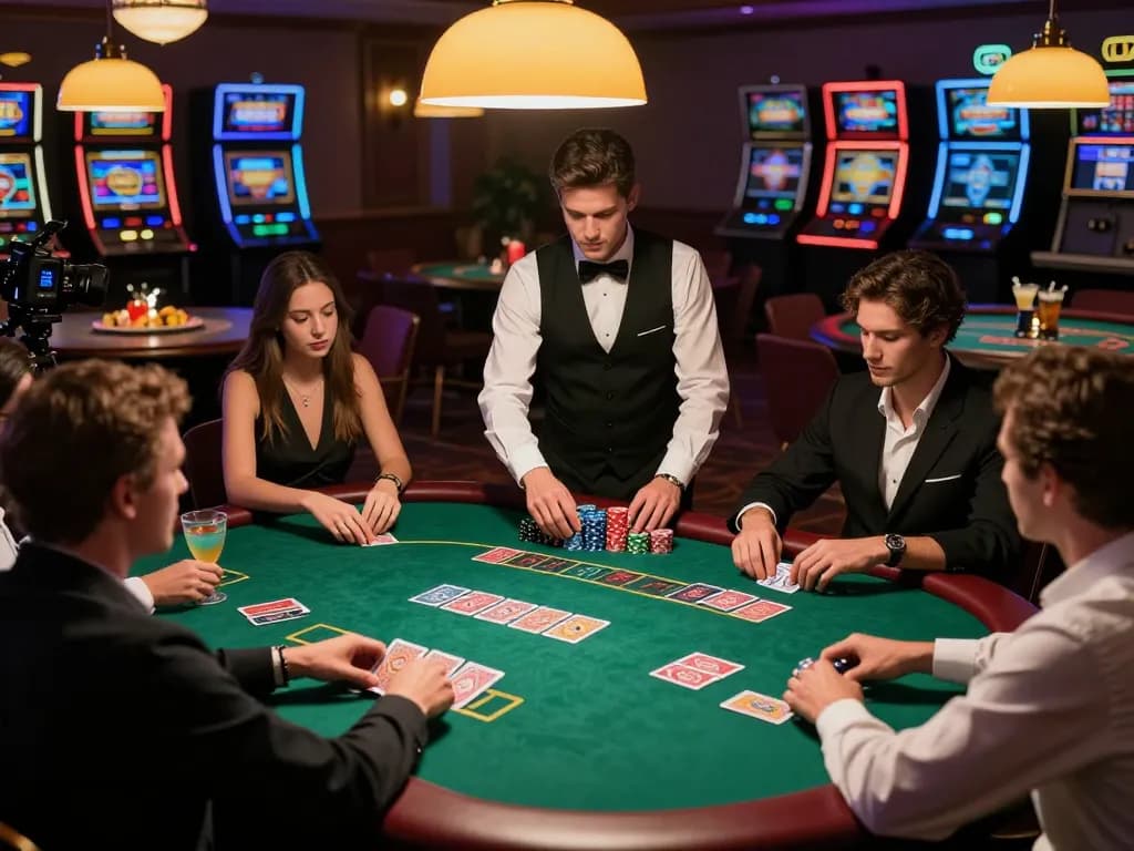 Players at tip88 engage in an intense poker game under warm casino lights, showcasing strategic bets and social excitement.