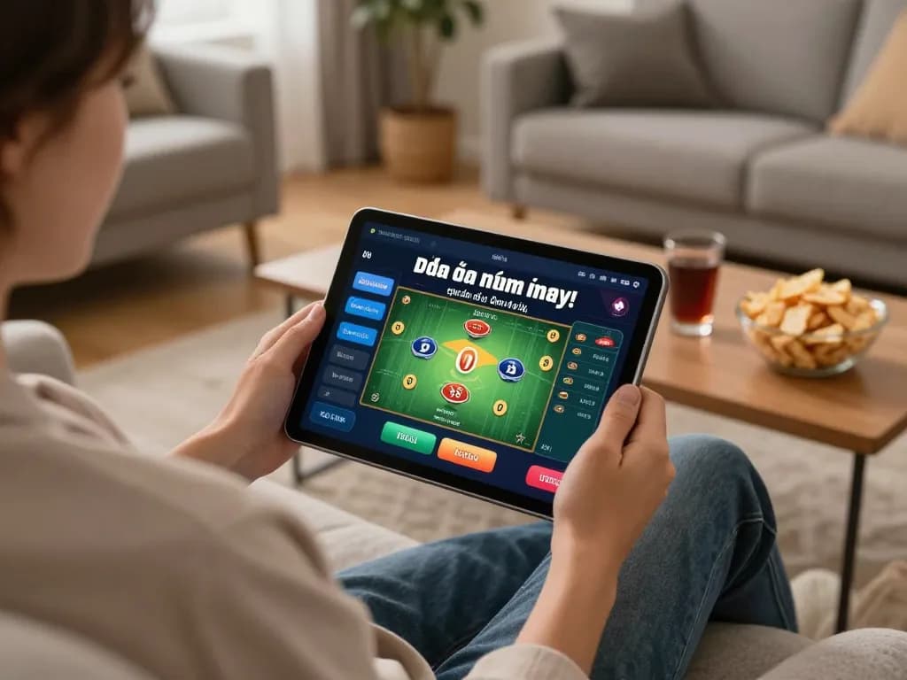 Enjoying đá gà trực tiếp hôm nay on a tablet in a cozy home setting, immersing in live gaming action.