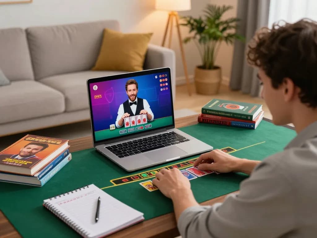 Player engaging in va88 online blackjack game, showcasing excitement and strategy in a cozy home setting.