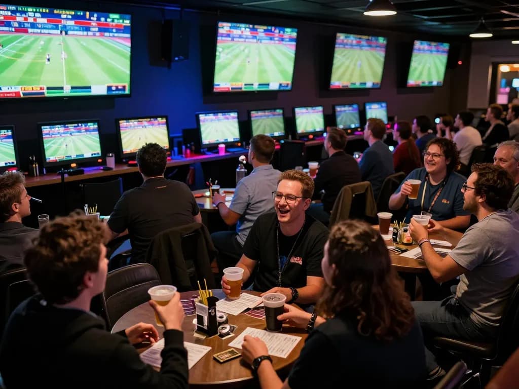 Fans passionately engaging in sports betting at FUN 79, with multiple screens showing live events.