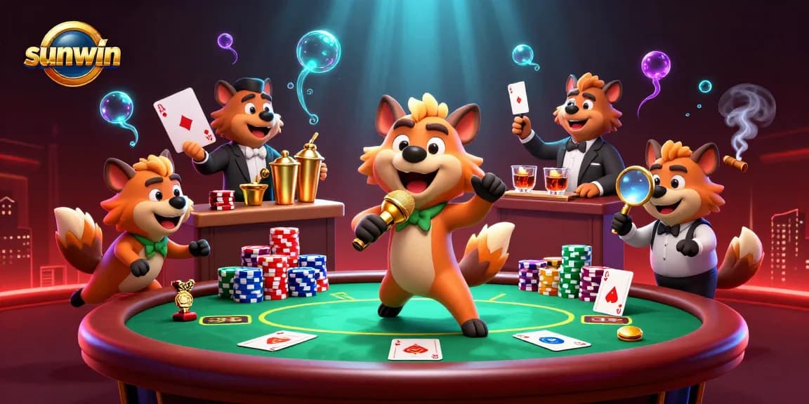 Experience the excitement of sunwin with a lively casino scene featuring hyenas engaging in gaming and comedy.