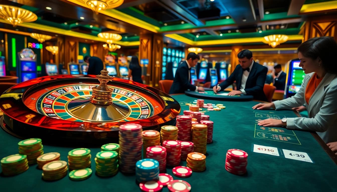 Players enjoying a dynamic casino experience at RR88 gratis, featuring roulette wheels and poker chips.