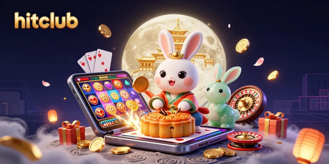 Hitclub's vibrant online casino scene features a moon rabbit surrounded by gaming elements, capturing the thrill of gambling.