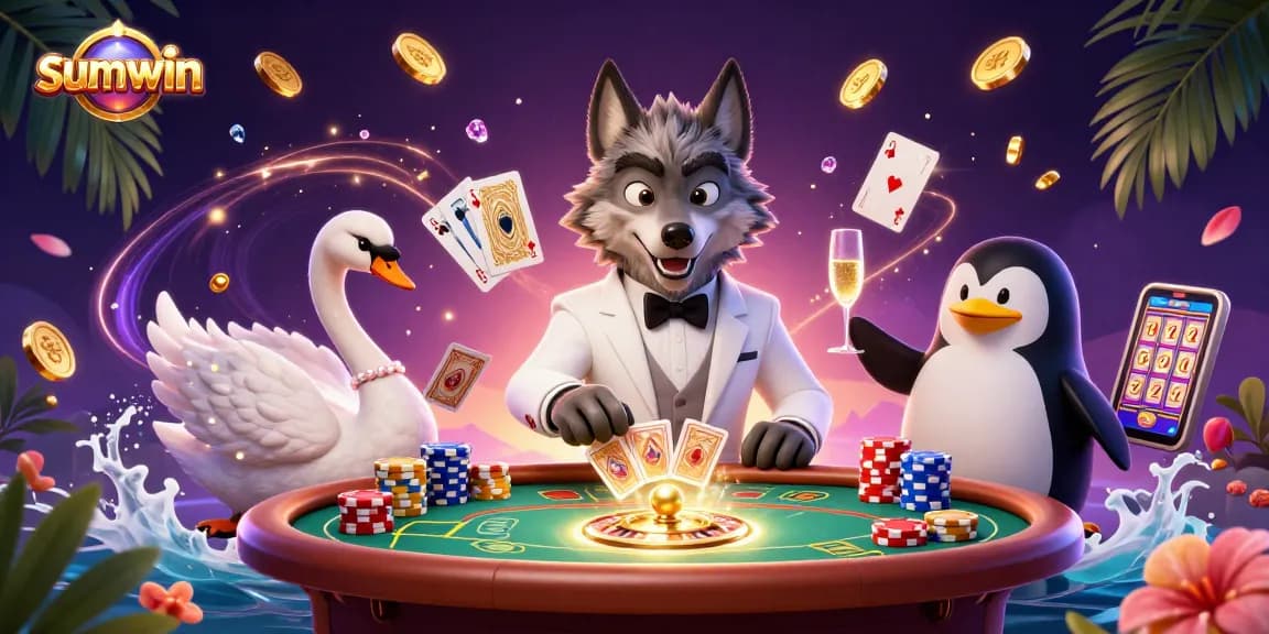 Join the excitement of sumwin as a wolf, swan, and penguin celebrate a winning hand in an engaging casino scene.