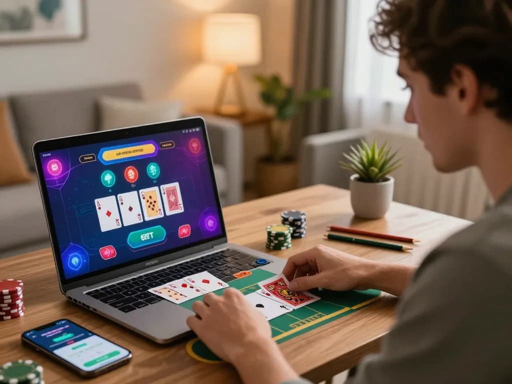 Engaging online casino gameplay with RED88 live blackjack on a laptop in a stylish home setting.