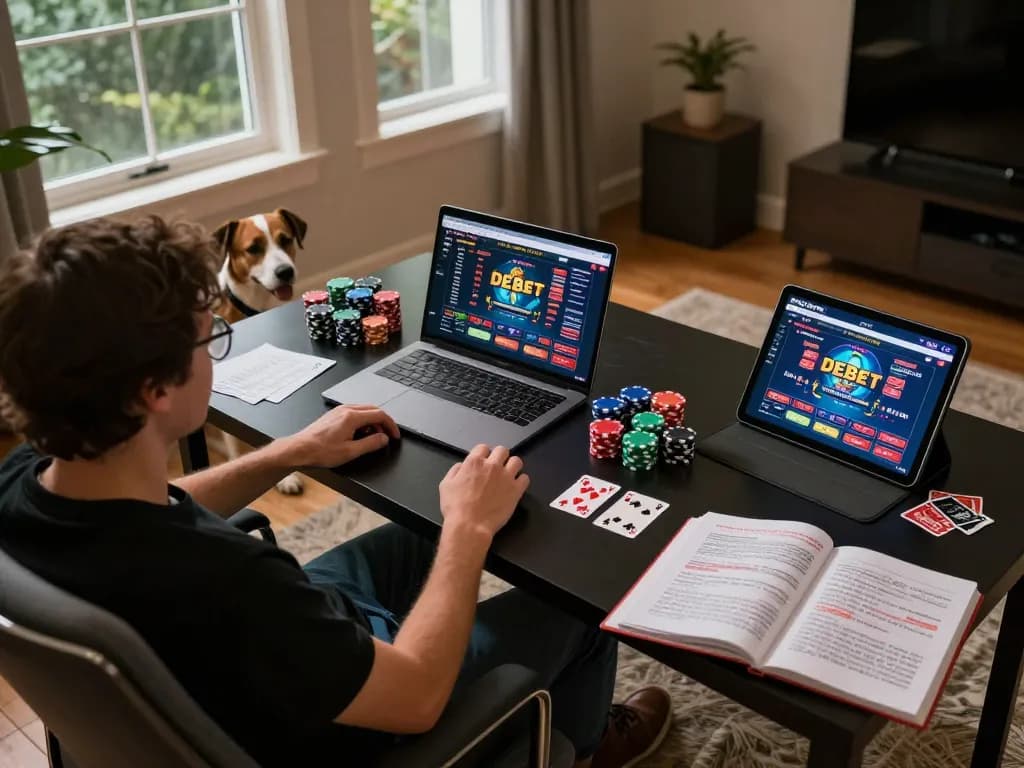 Player engaging with DEBET online casino on laptop amidst vibrant home gaming atmosphere