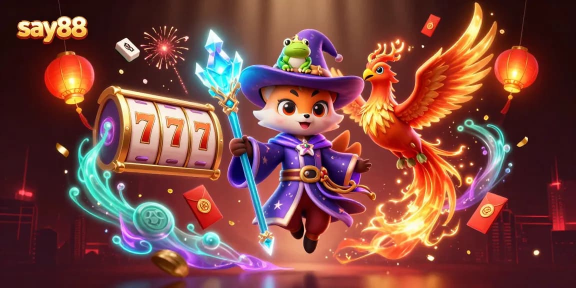 Experience thrilling gameplay with Say88's vibrant slots and captivating 3D elements in this enchanting illustration.