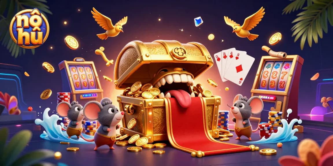 Spin the reels of nổ hũ and discover treasures within a vivid casino illustration.