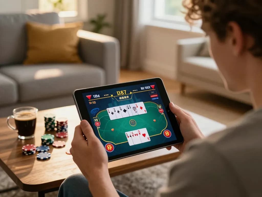 Engaged user playing online poker on okfun in cozy home setting, showcasing focused interaction.