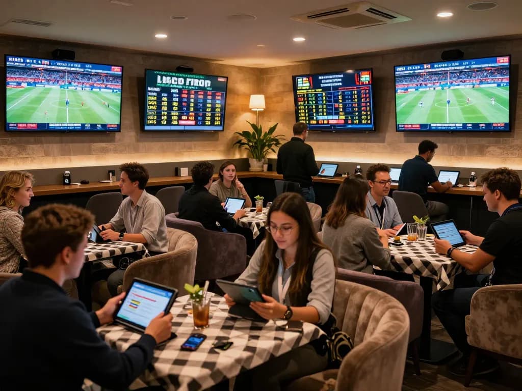 Kèo nhà cái hôm nay shows bettors in a vibrant lounge excitedly placing wagers during a live sports event.