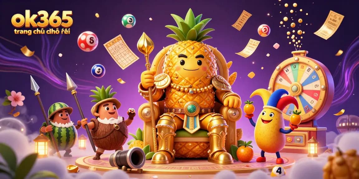 Engaging scene depicting ok365 trang chủ chính thức with a golden pineapple king and dynamic casino elements for an immersive gaming experience.