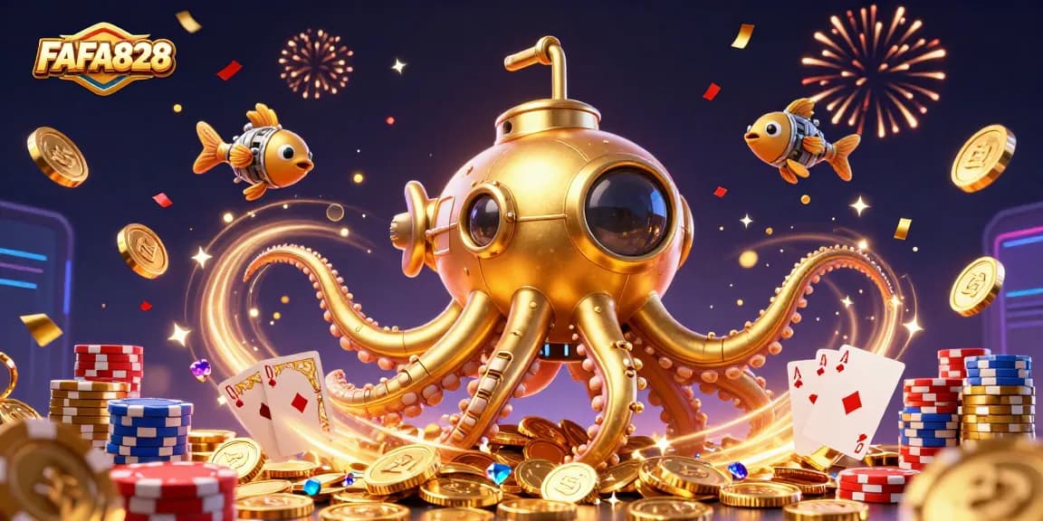 Engage with FAFA828’s thrilling world of gold coins and mechanical fish in this dynamic casino scene.
