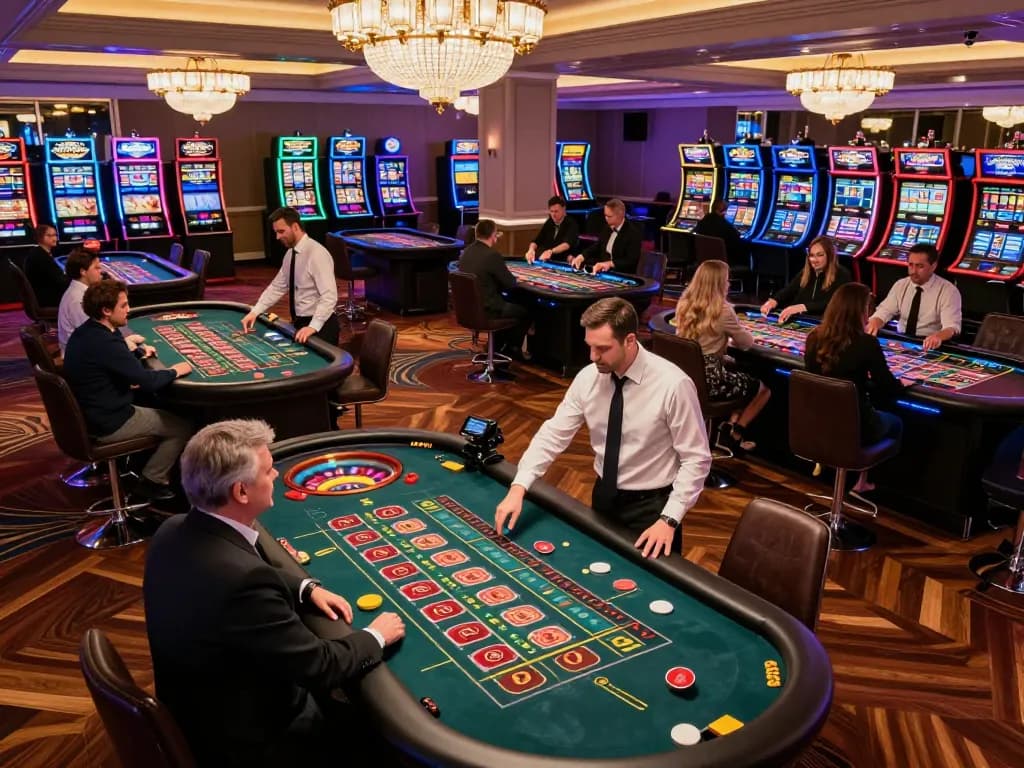 Casino scene at sin88 featuring active roulette tables and excited players placing bets.
