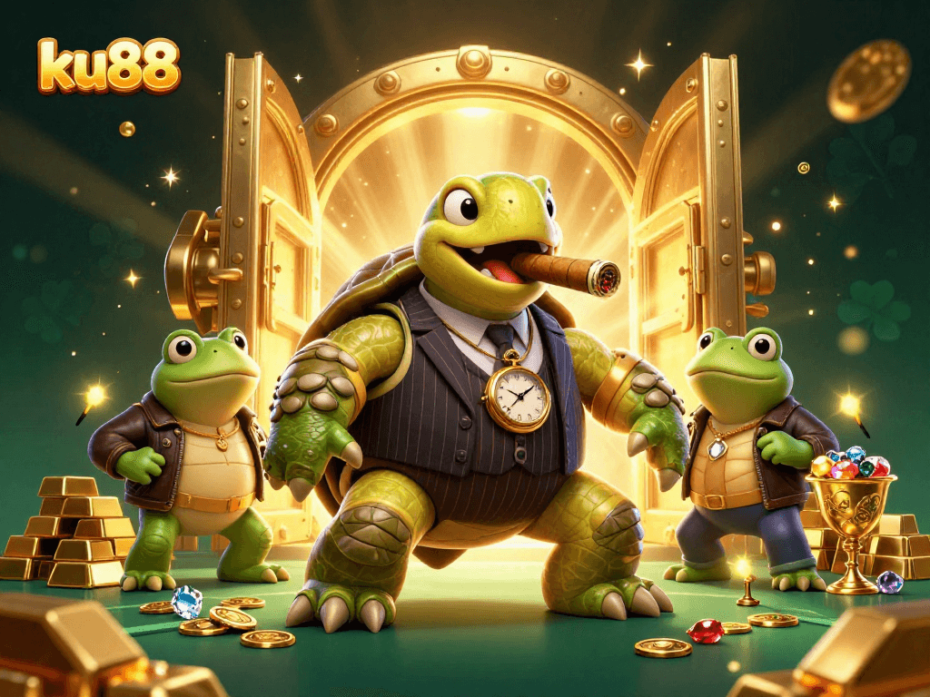 ku88 showcases a snapping turtle in a mobster suit among casino treasures, enticing gamblers.