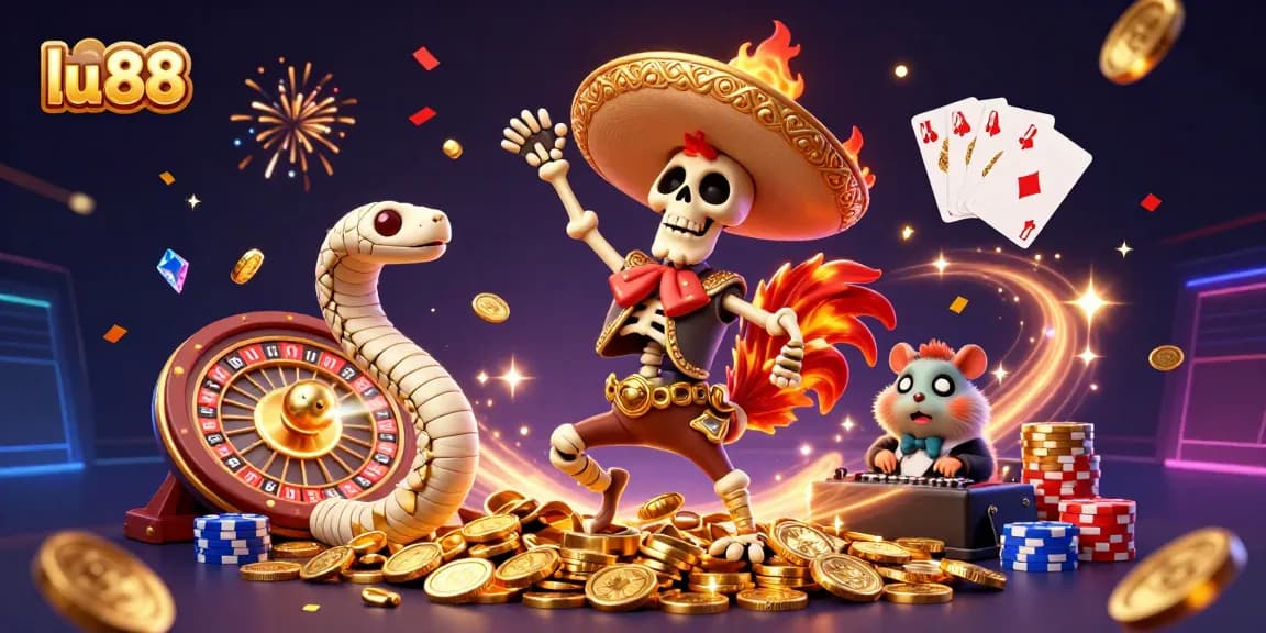 Engage in thrilling gaming at lu 88 with a lively 3D casino scene featuring gold coins and dynamic characters.