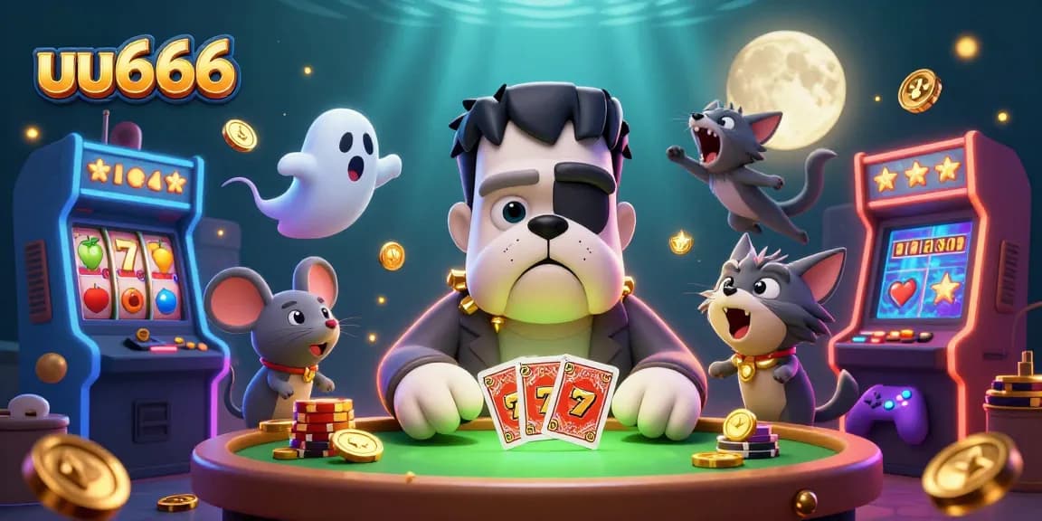 uu666 slots carnival featuring a Frankenstein bulldog and ghost mouse playing at a colorful casino table.