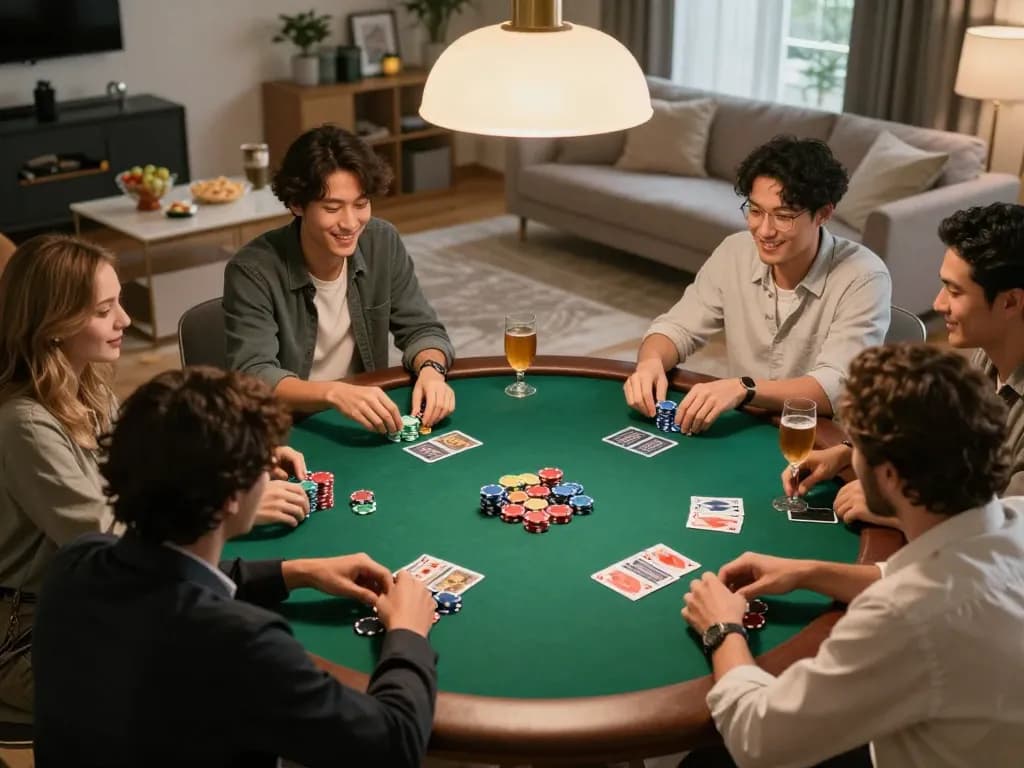 Friends enjoying a lively poker game at home, showcasing action and strategy, capturing the excitement of llwin.