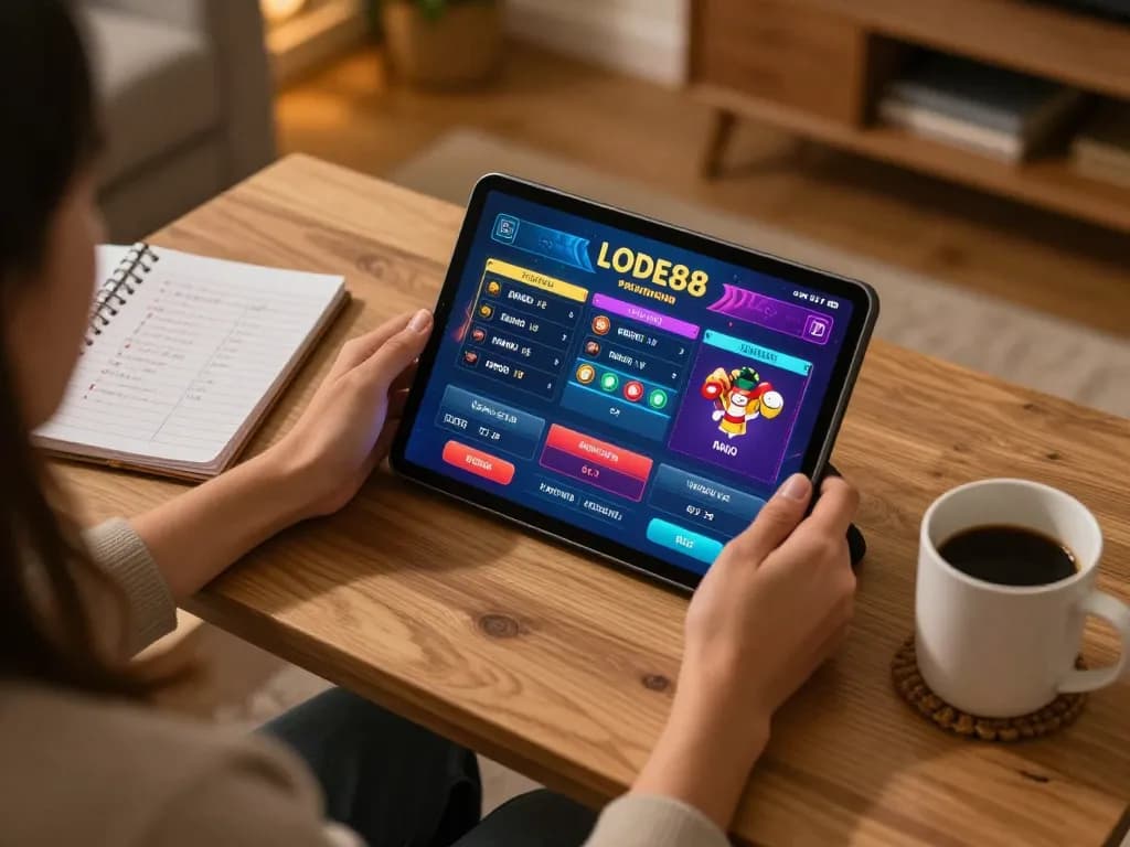 Player engaging in online gambling at nhà cái LODE88 with tablet showing betting options in a cozy home environment.