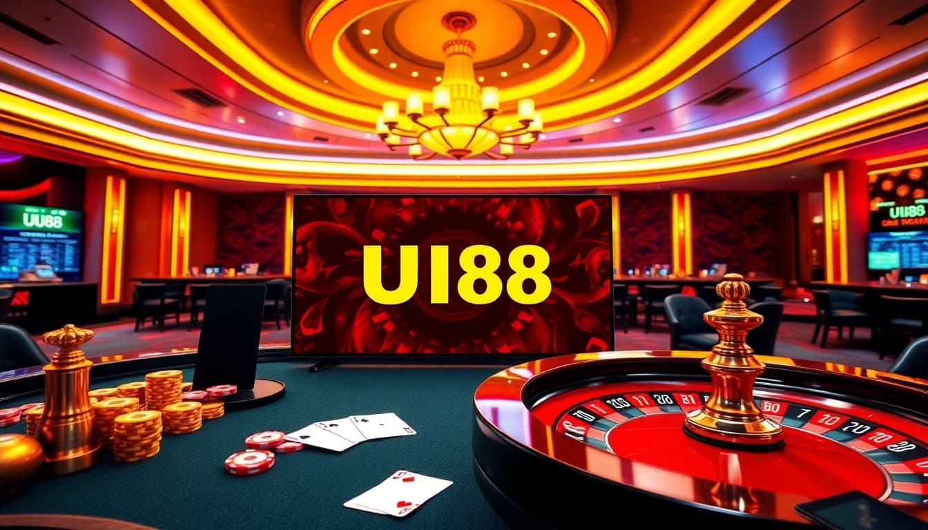 Engaging scene of online gambling with UU88 branding on a casino table featuring cards and chips.