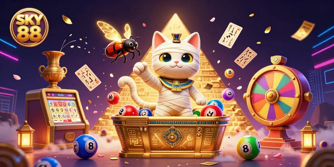 Engage with the vibrant SKY 88 casino scene featuring a playful Egyptian mummy cat and interactive gaming elements.