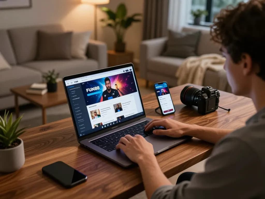 Person engages with fun88s online gaming setup at home, showing immersive gaming experience and responsible gambling elements