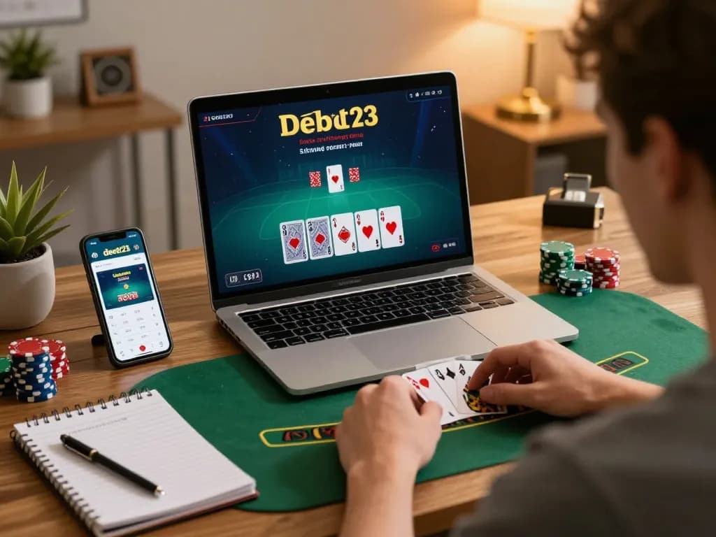 Player enjoying blackjack on debet23 with cards and chips in a cozy home office.