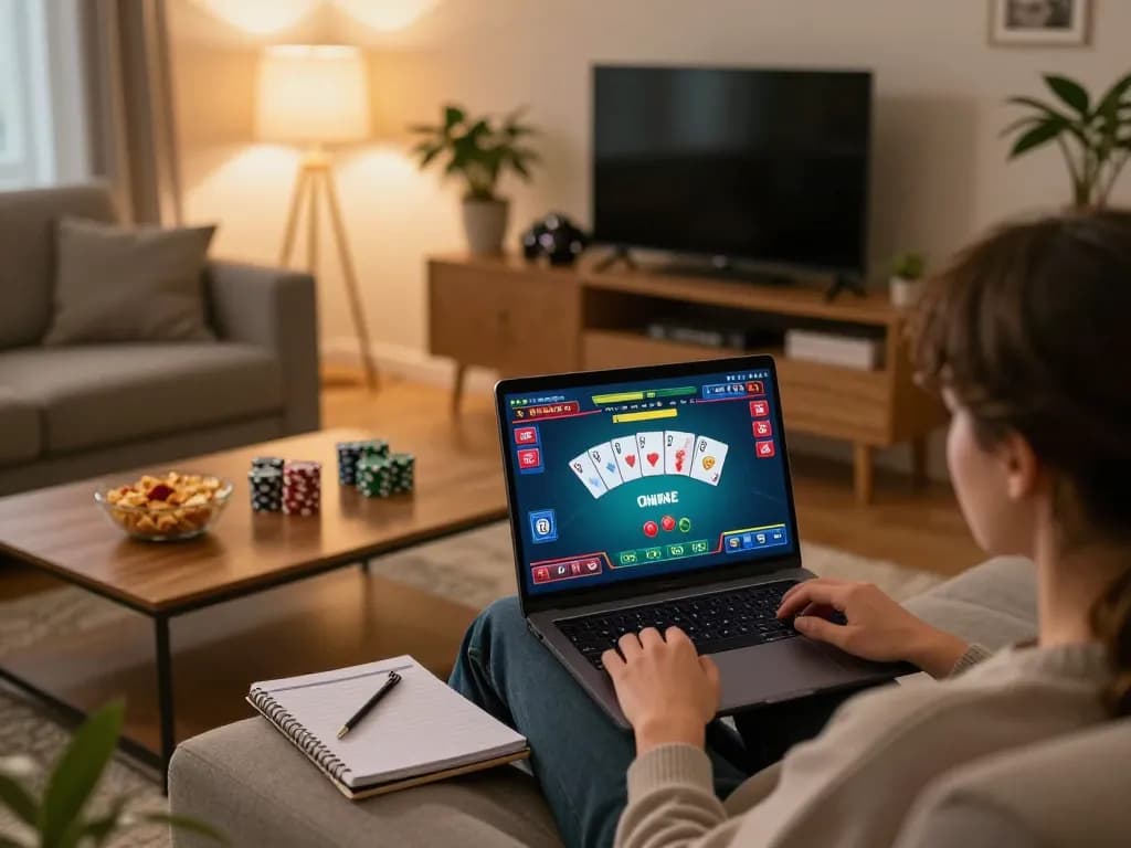 Player engaging in strategic online gambling at home with five88bc, showing intense moment of a poker game.