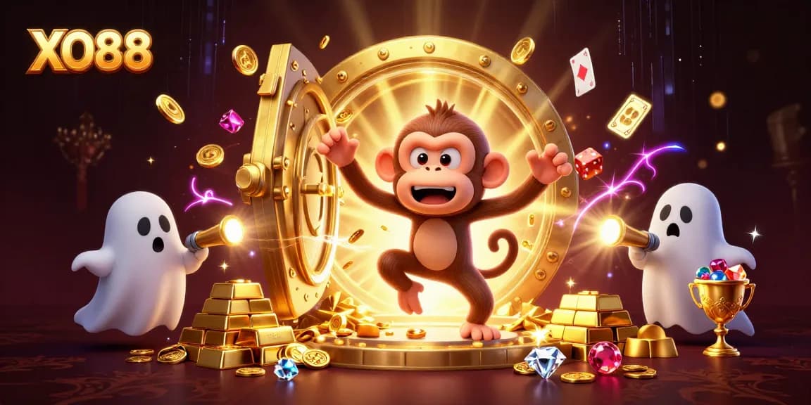 Experience the thrilling atmosphere of XO88 with a playful monkey and curious puppy in a vibrant casino.