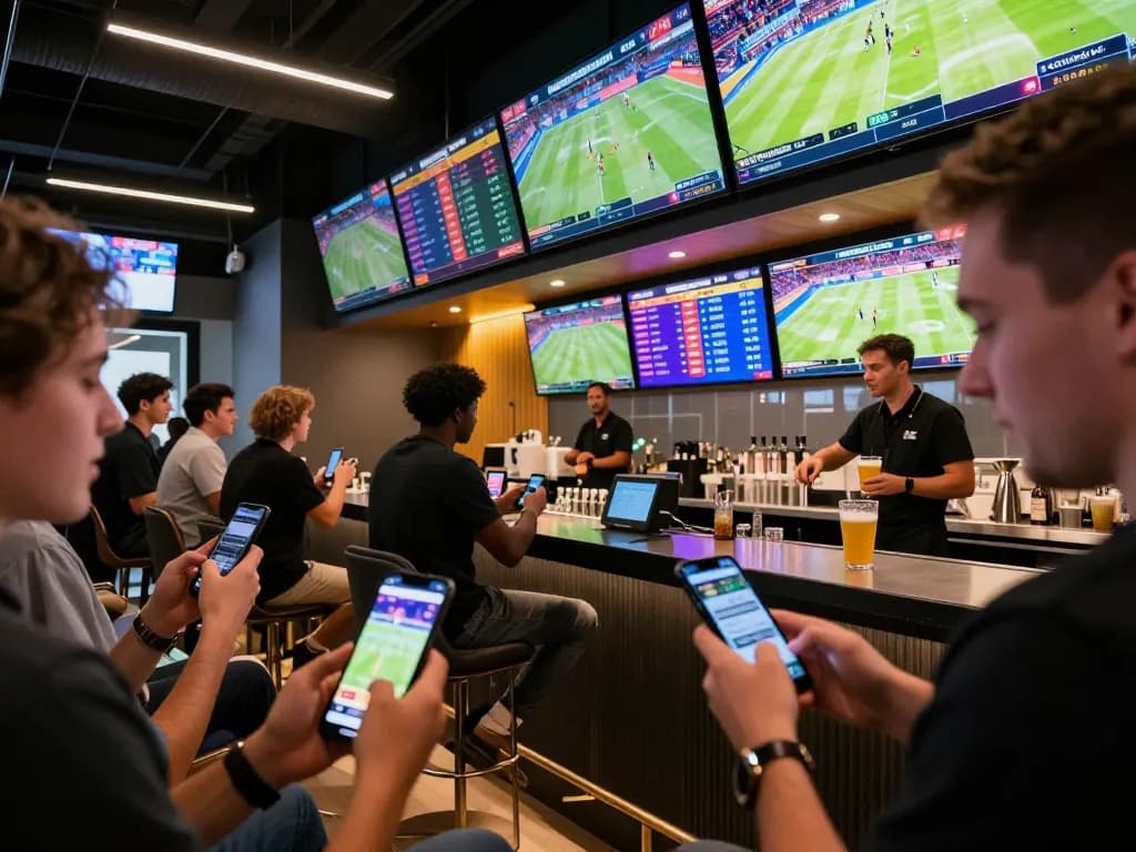 vin88a sports betting lounge with enthusiastic bettors using mobile apps and large screens displaying live games