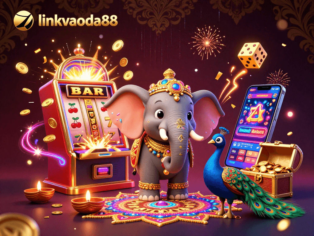 Experience the vibrant allure of linkvaoda88 with a lively 3D casino-themed illustration showcasing dynamic gaming elements.