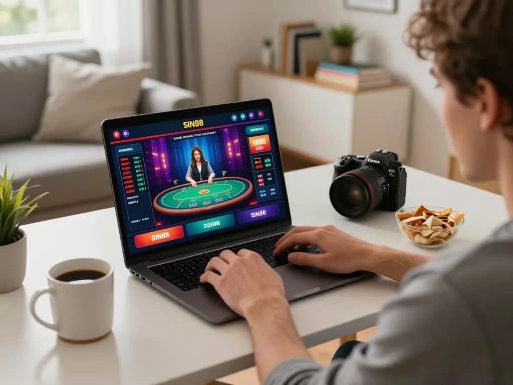 SIN88 online betting setup showing a player engaged in a poker game, laptop screen displaying vibrant interface
