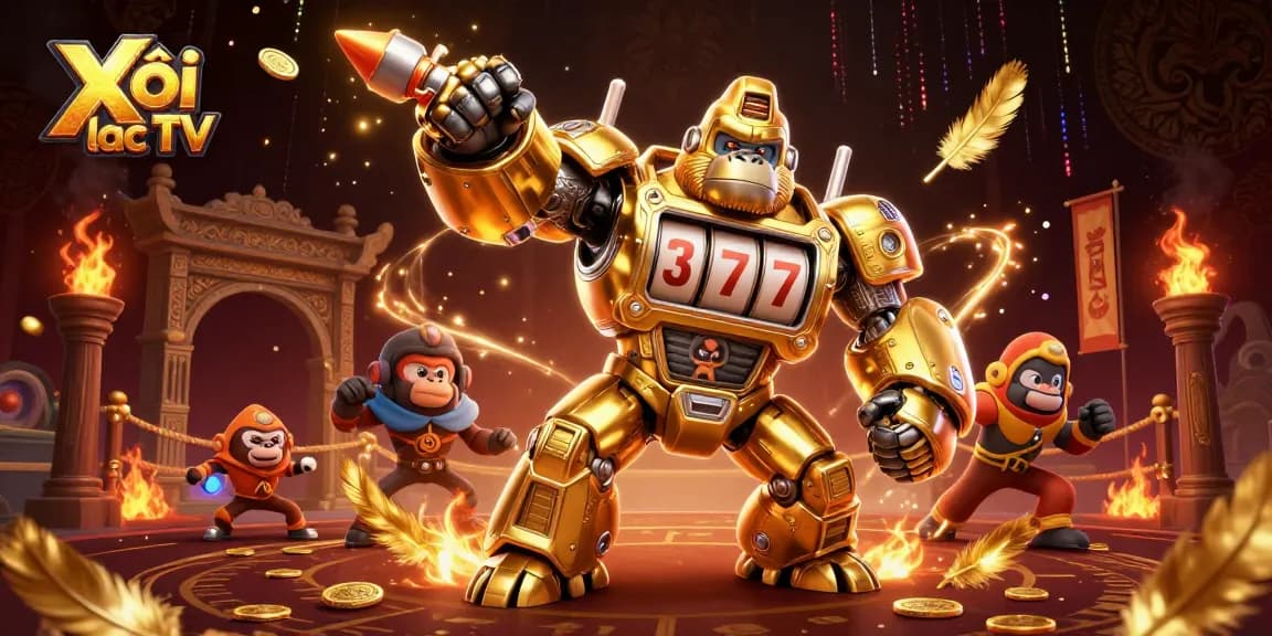 Xôi lạc TV showcases an explosive scene with a golden gorilla mech and coins in action.