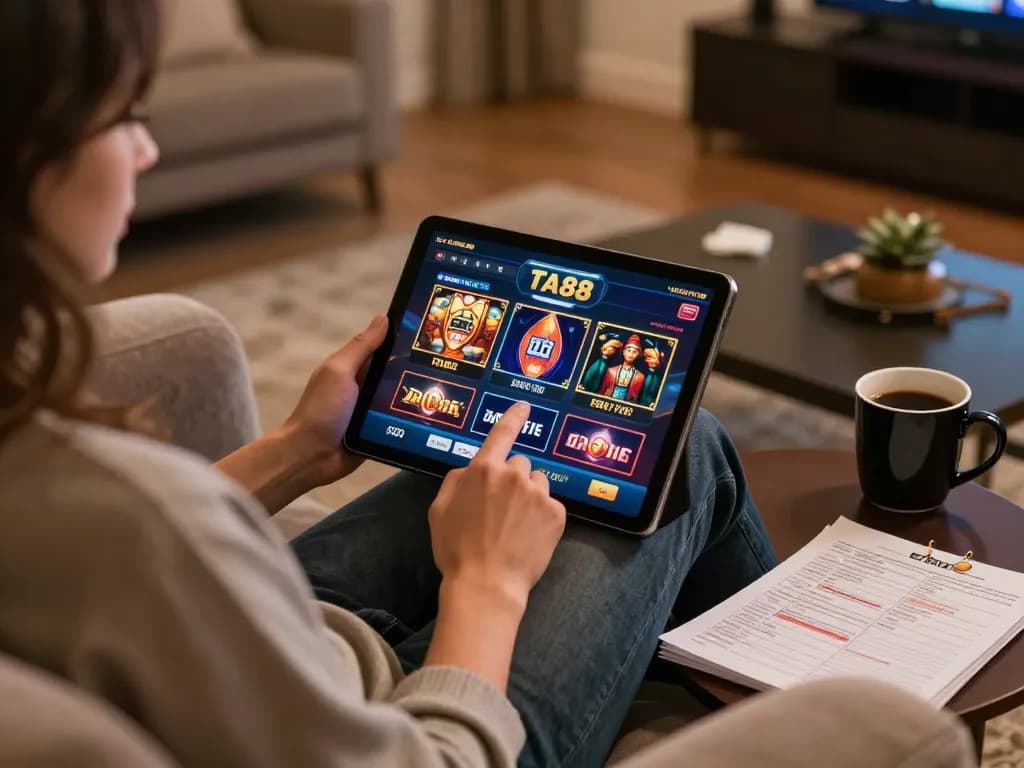 Engaging in strategic online gaming at TA88 with a tablet, cozy background.