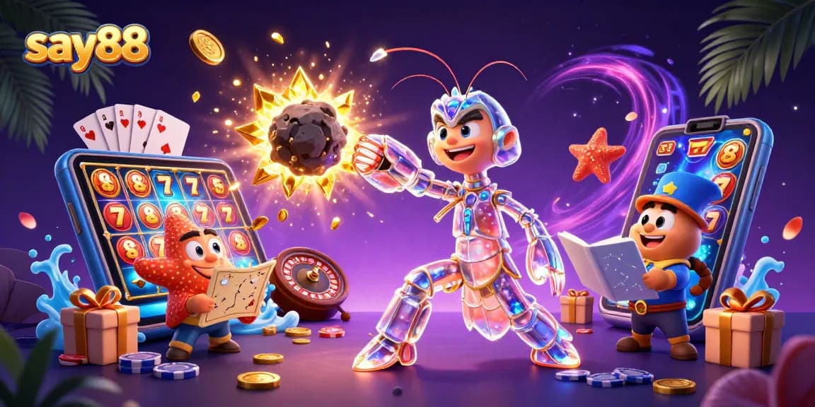 Experience the excitement of say88 with a vibrant casino-themed 3D illustration featuring dynamic gaming elements.