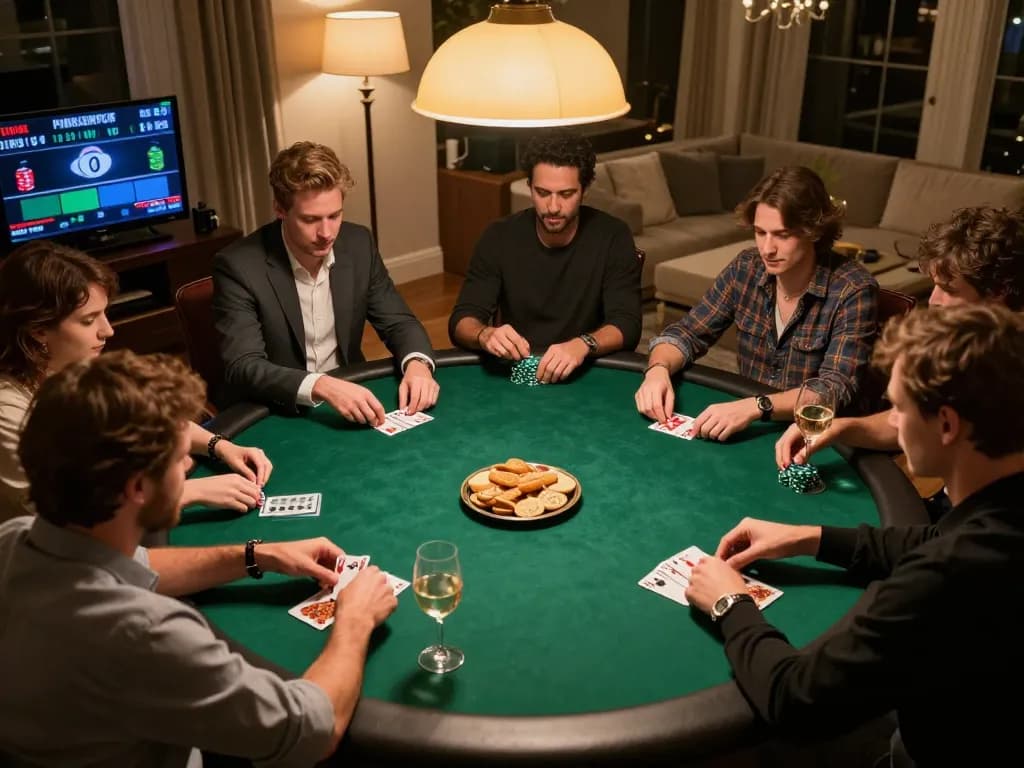 Players engaging in a strategic poker game at home, emphasizing sc888 chip stacks and intense focus.