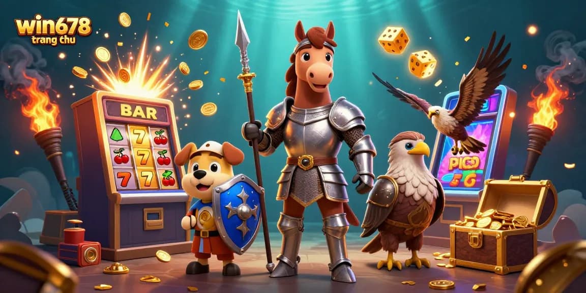 Win678 trang chủ showcases an engaging 3D casino scene with jackpots, games, and vibrant action.