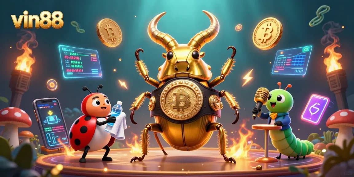 Experience thrilling gameplay at vin88 with vibrant characters and glowing cryptocurrency elements in a dynamic casino scene.