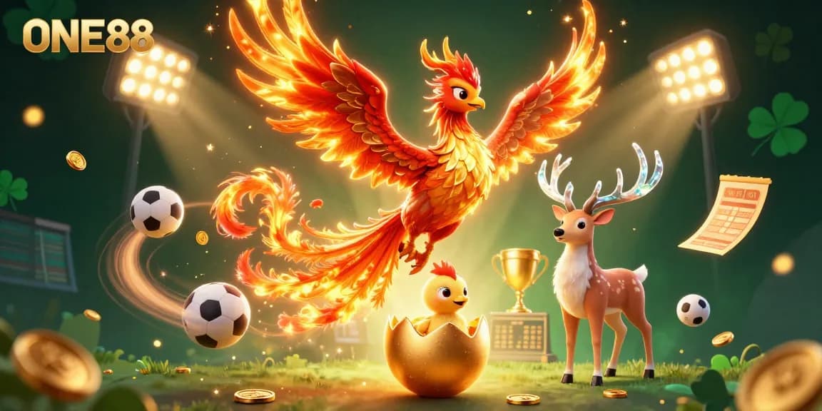 ONE88 bettors experience thrilling wins with a dynamic 3D sports betting illustration featuring vibrant characters and elements.