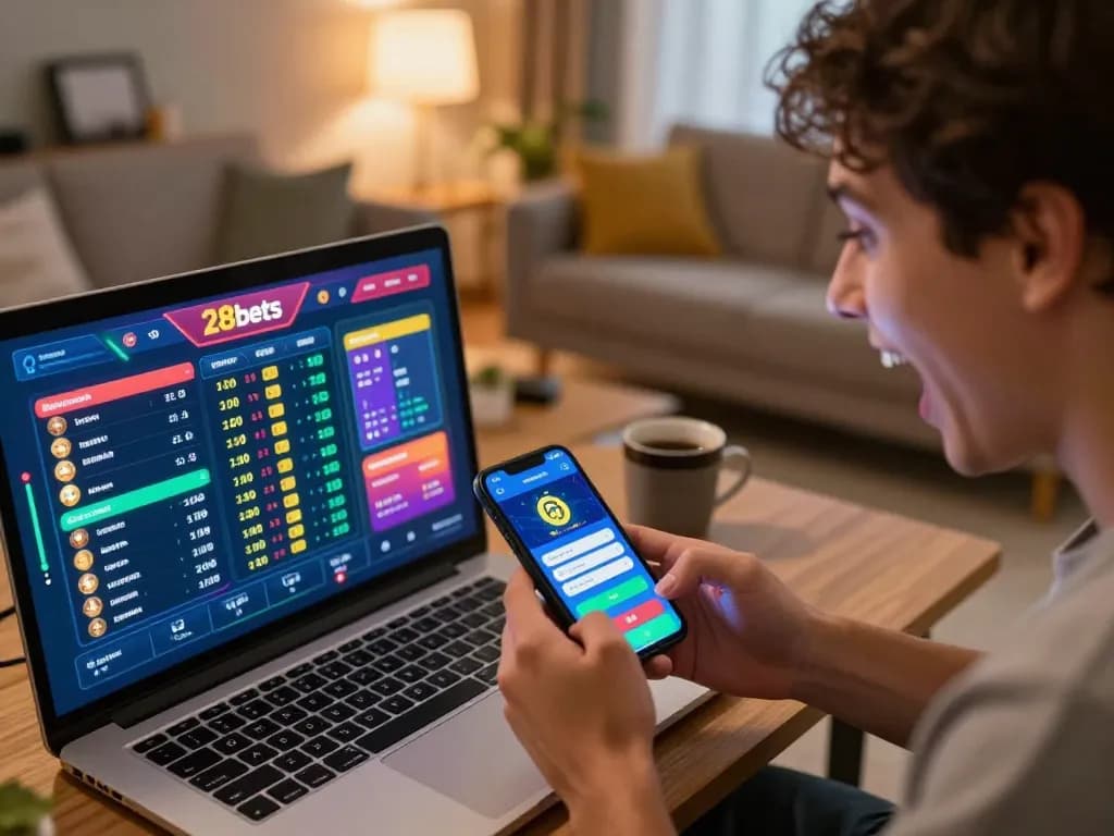 Player enjoying sports betting on 28bets app from a cozy home setting, emphasizing excitement.