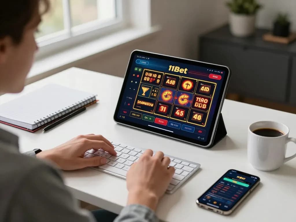 Engaged gambler playing 11bet slots on a tablet with strategy notes at a cozy home office.