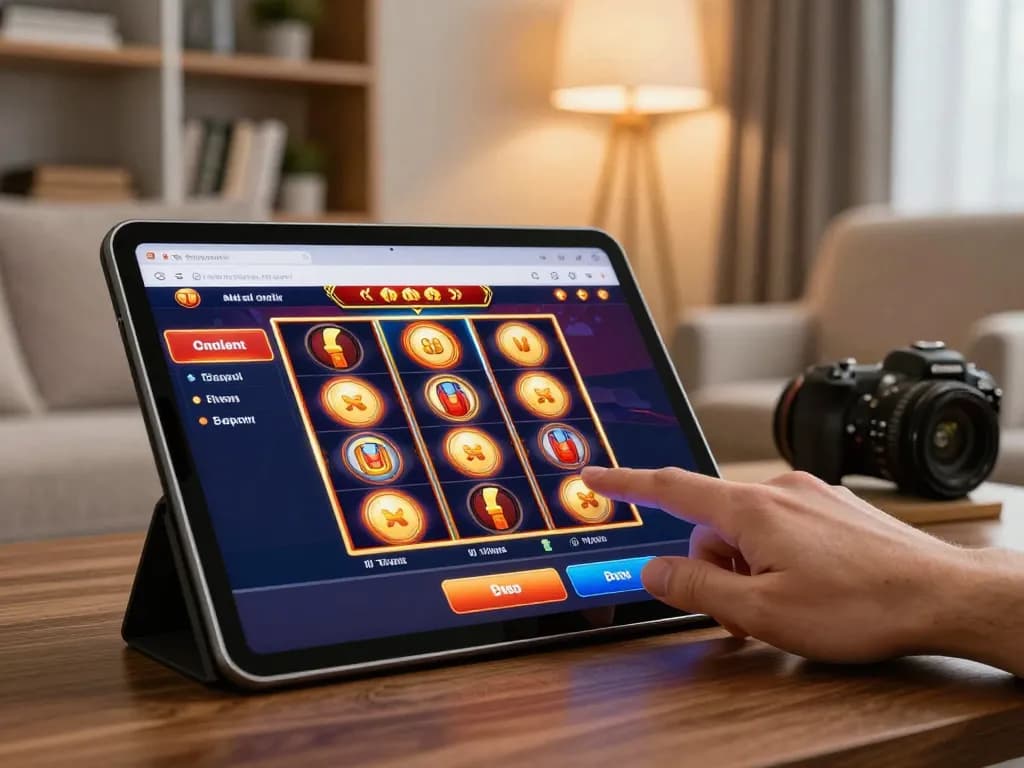 Engaged player tapping the bet button on fabet online casino interface during home gaming.