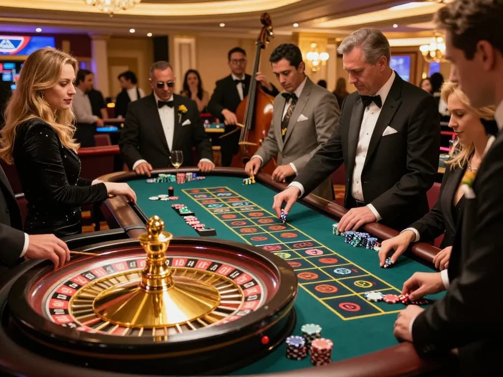 da88 roulette gameplay with players betting around a dynamic table in an upscale casino atmosphere