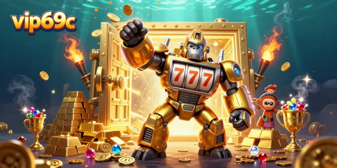 Experience the thrill of casino action with vip69c's dynamic golden gorilla mech set in a treasure-filled scene.