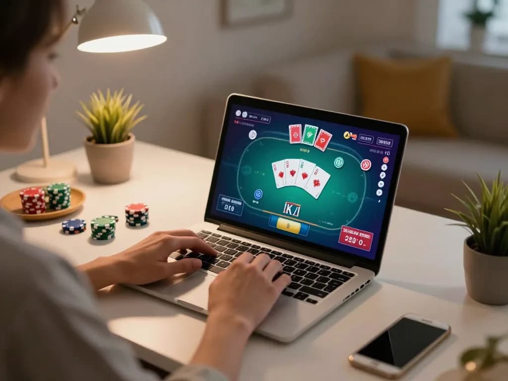 Playing online poker with Link 9BET on a laptop in a stylish home setup