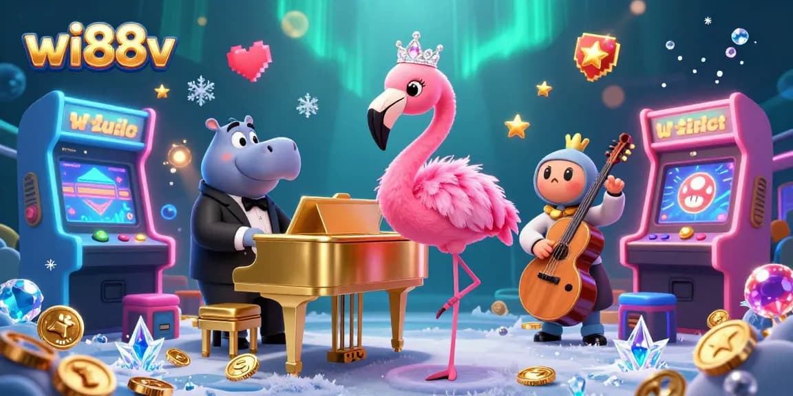 Immerse in wi88v's vibrant casino scene featuring a flamboyant flamingo and a stylish hippo bassist.