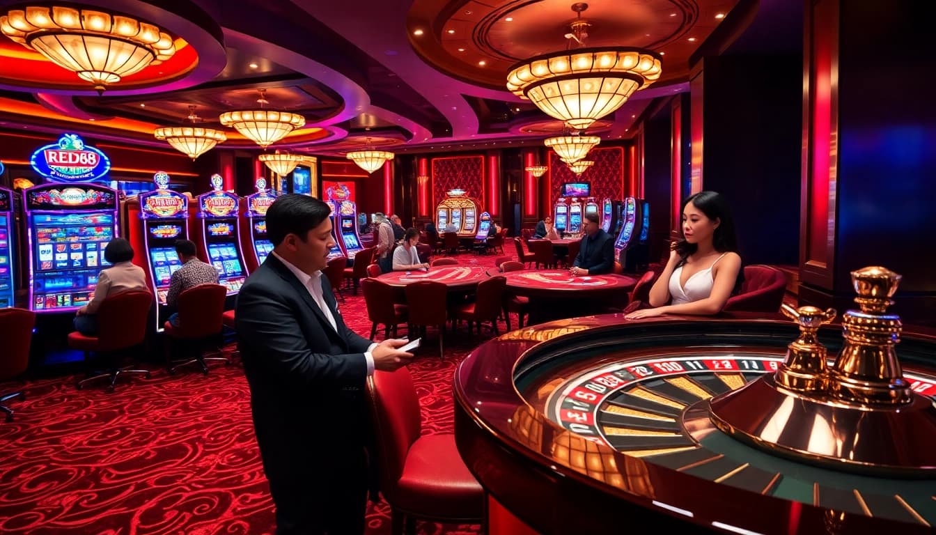 Gamblers enjoying diverse casino games at RED88, featuring vibrant slot machines and poker tables.