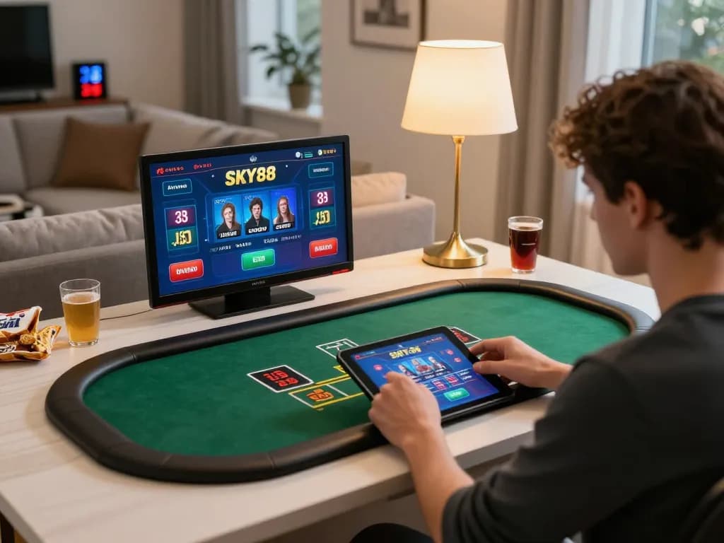 Engaged player using SKY88 online casino on tablet for live blackjack gameplay