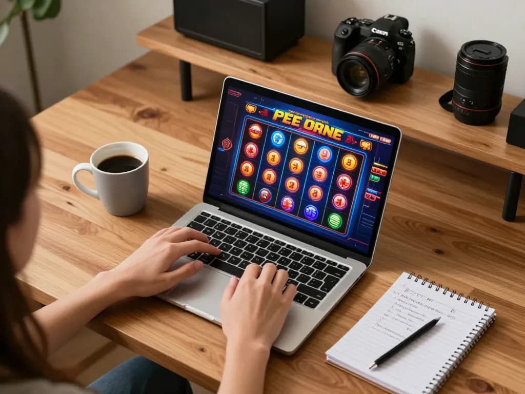 Playing free online pokies on a laptop at cozy home setup with coffee and gaming notes.