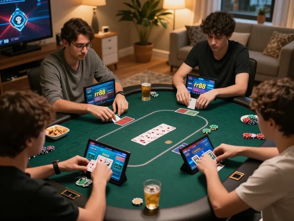 Players engaging in a dynamic online poker game at rr88, showcasing strategy and fun in a cozy home setting